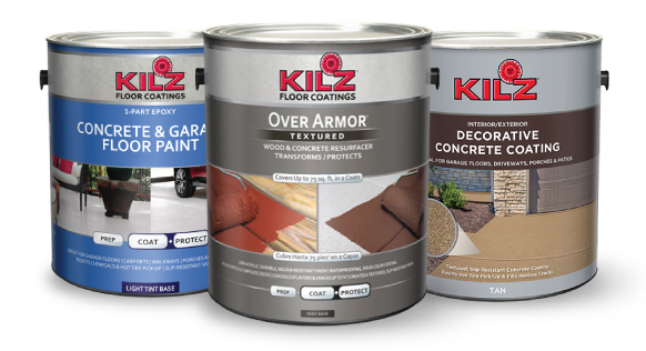 Various Kilz wood and concrete paint cans