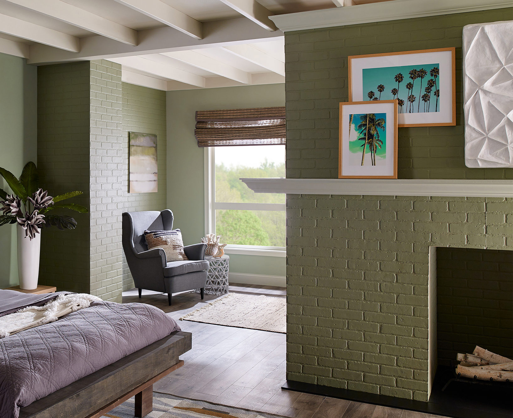 Earthy-toned bedroom with green walls