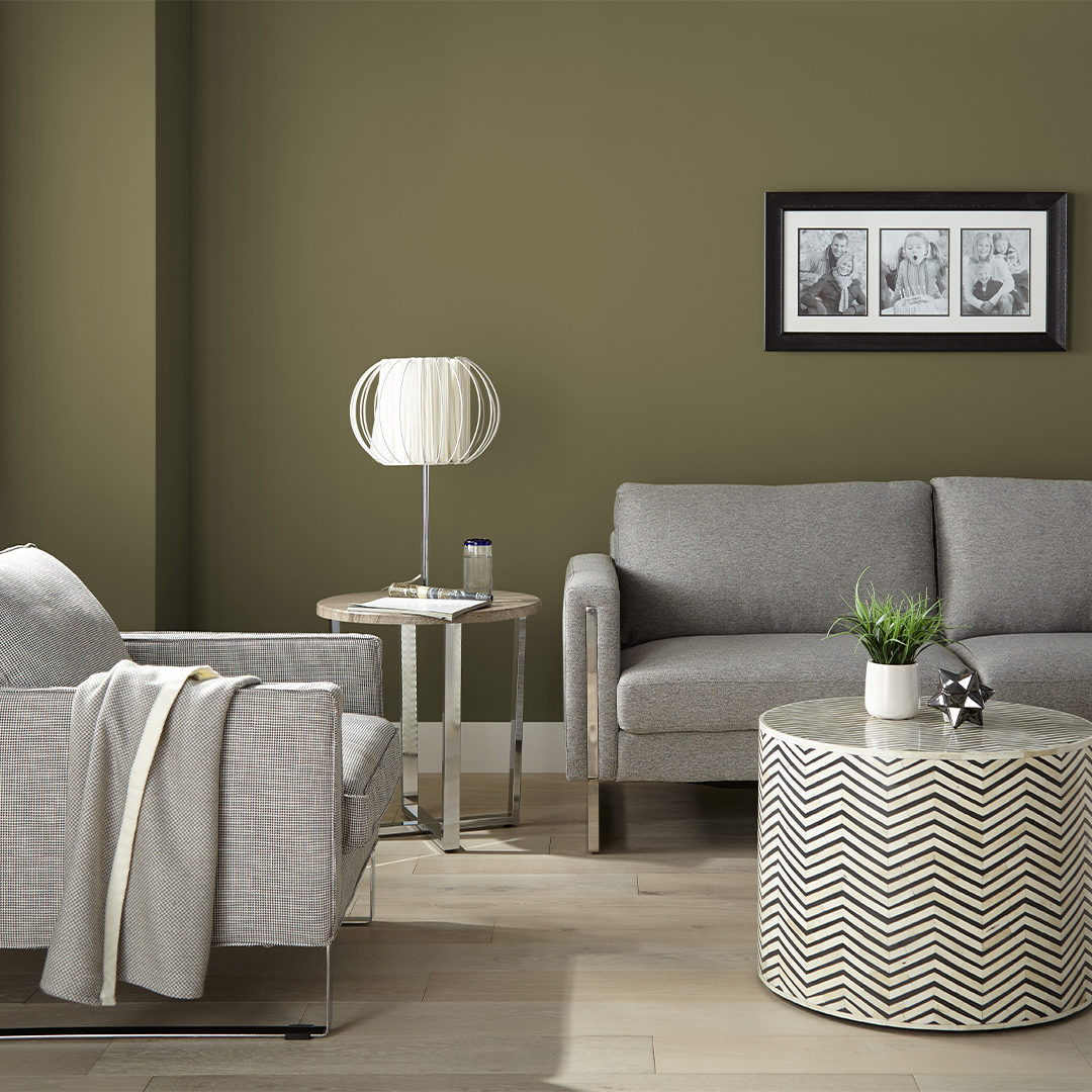 Stylish Living Room with Olive Wall Paint