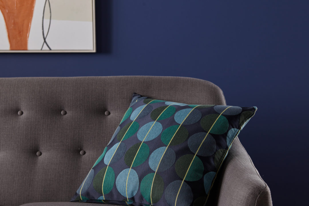 Living room with navy walls and a grey couch with a decorative pillow