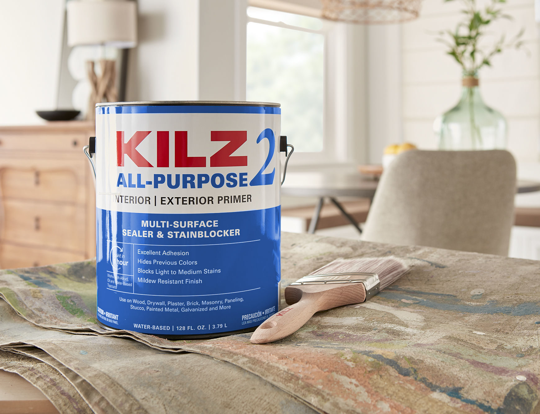 KILZ 2 All-Purpose Interior & Exterior Primer 1 gallon can in a dining room scene