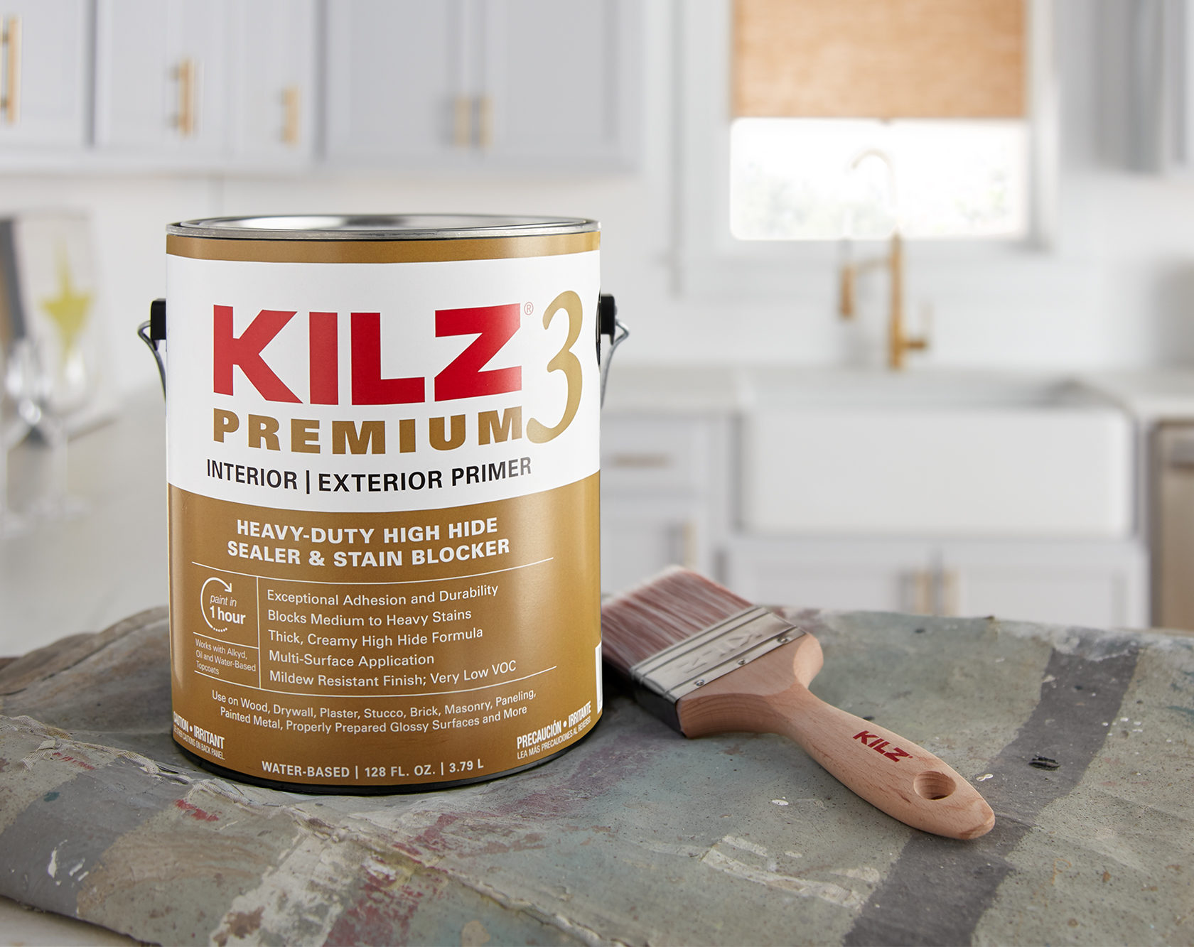 KILZ 3 Premium Interior & Exterior Primer 1 gallon can in a kitchen scene