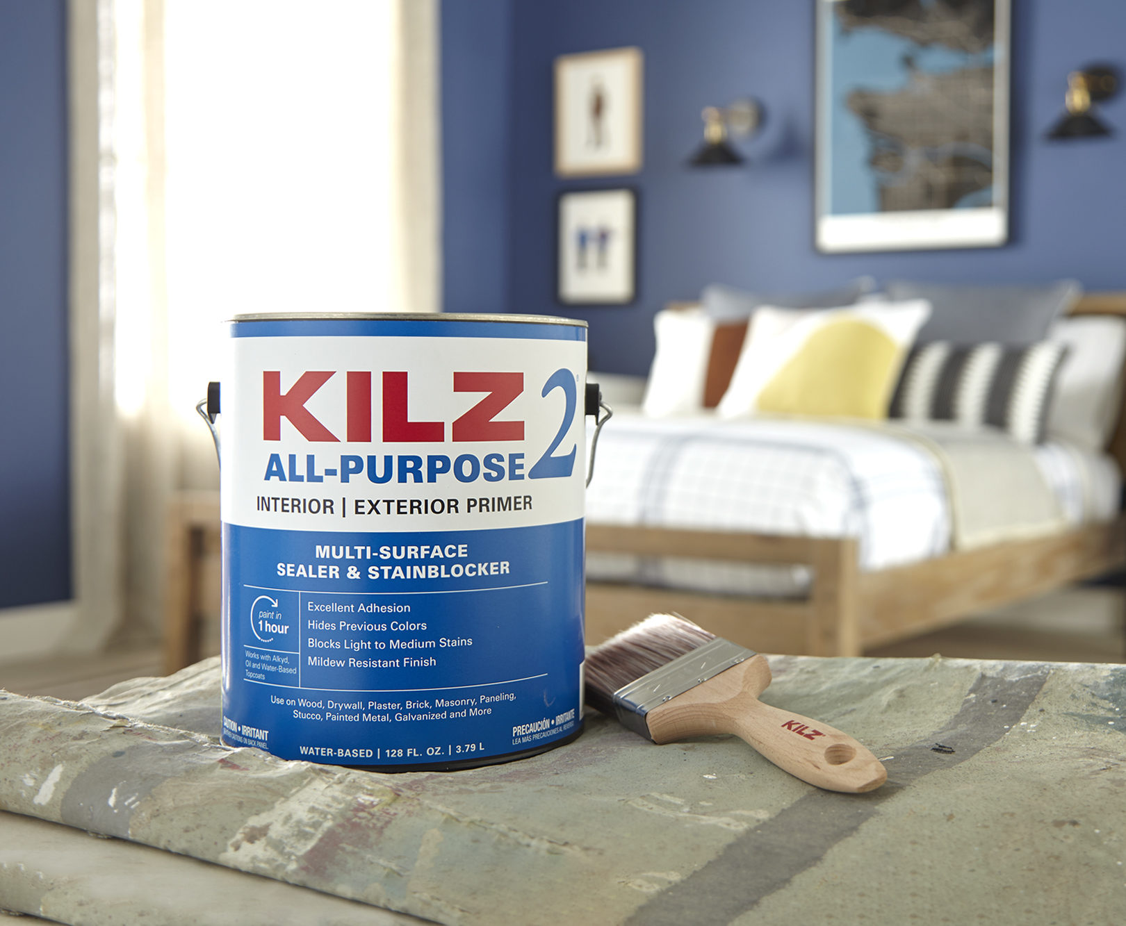 KILZ 2 All-Purpose Interior & Exterior Primer 1 gallon can in a bedroom scene