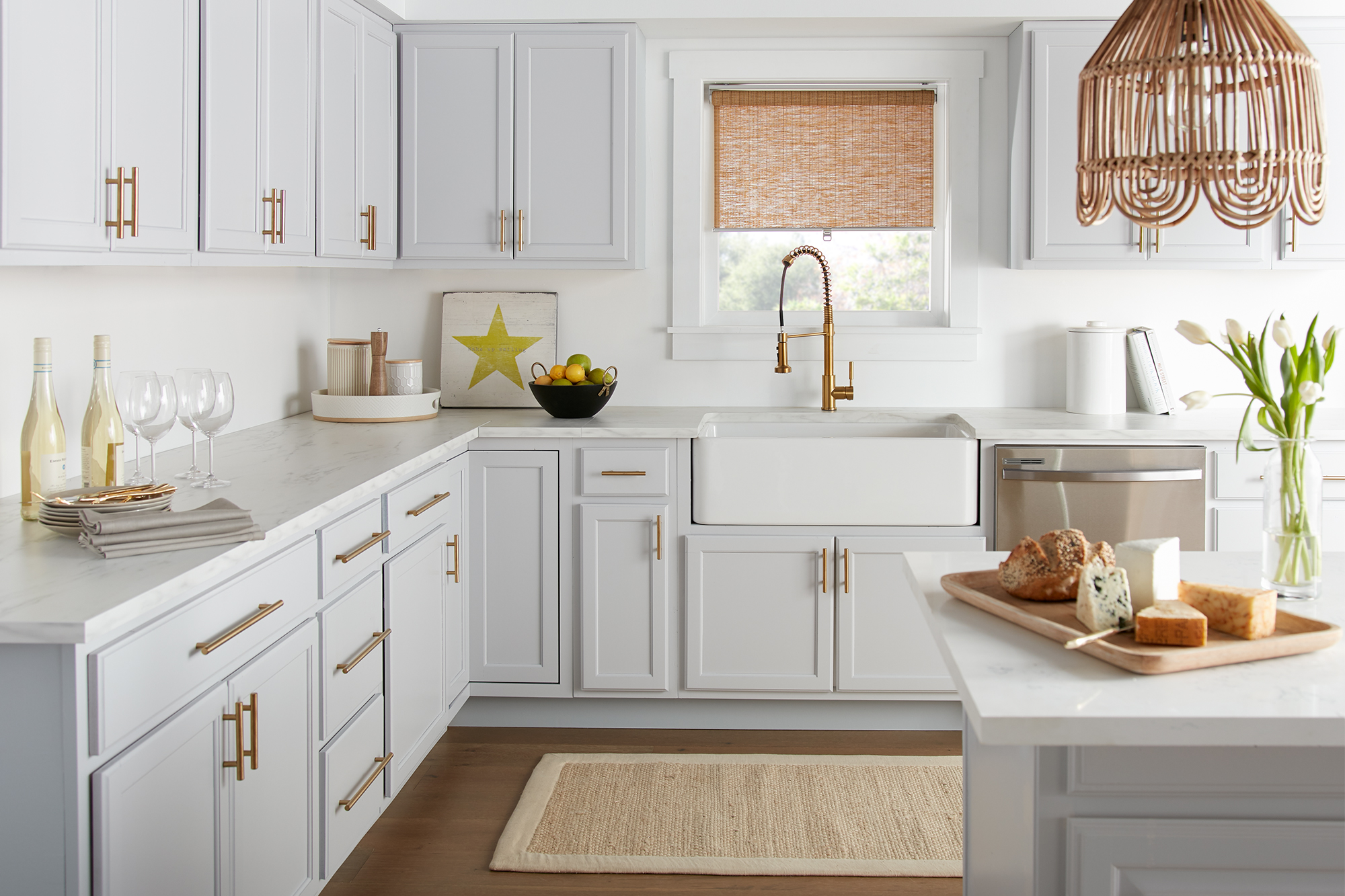 White kitchen with copper accents
