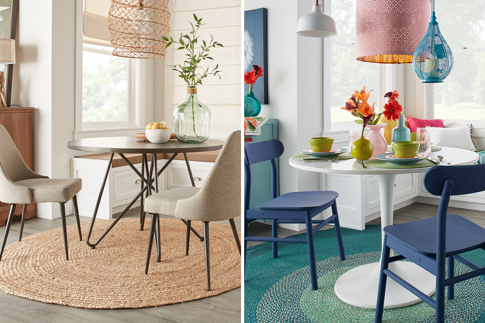 Neutral colored dining room area on the left with a bright and colorful dining room area on the right