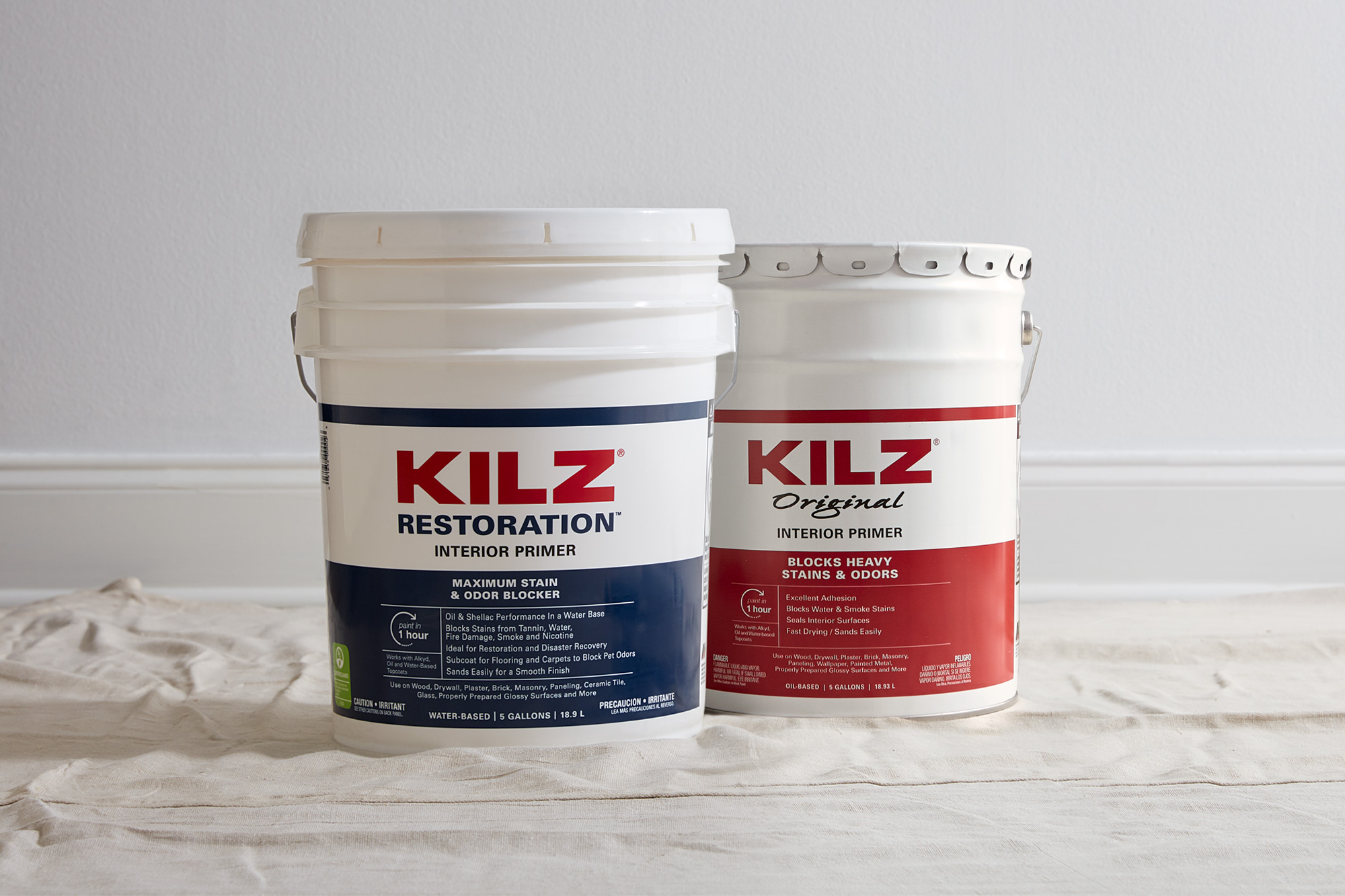 Image of KILZ Restoration® and KILZ® Original 5-gallon buckets.