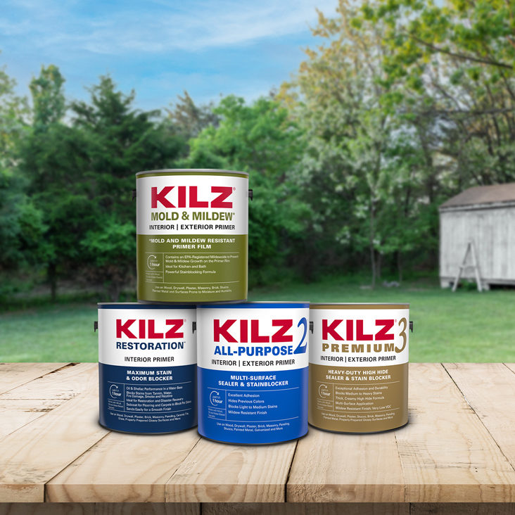 Image of KILZ® Mold and Mildew primer, KILZ Restoration® primer, KILZ 2® All- Purpose primer, and KILZ 3® PREMIUM primer in an environment landscape.