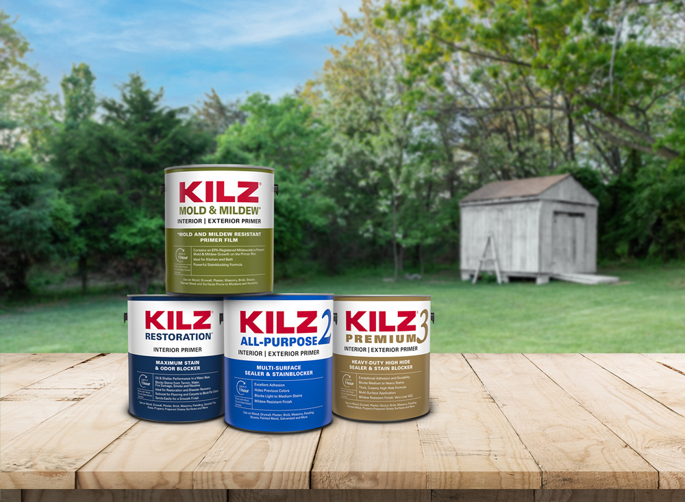 Image of KILZ(R) Mold and Mildew primer, KILZ Restoration(R) primer, KILZ 2(R) All- Purpose primer, and KILZ 3(R) PREMIUM primer in an environment landscape.