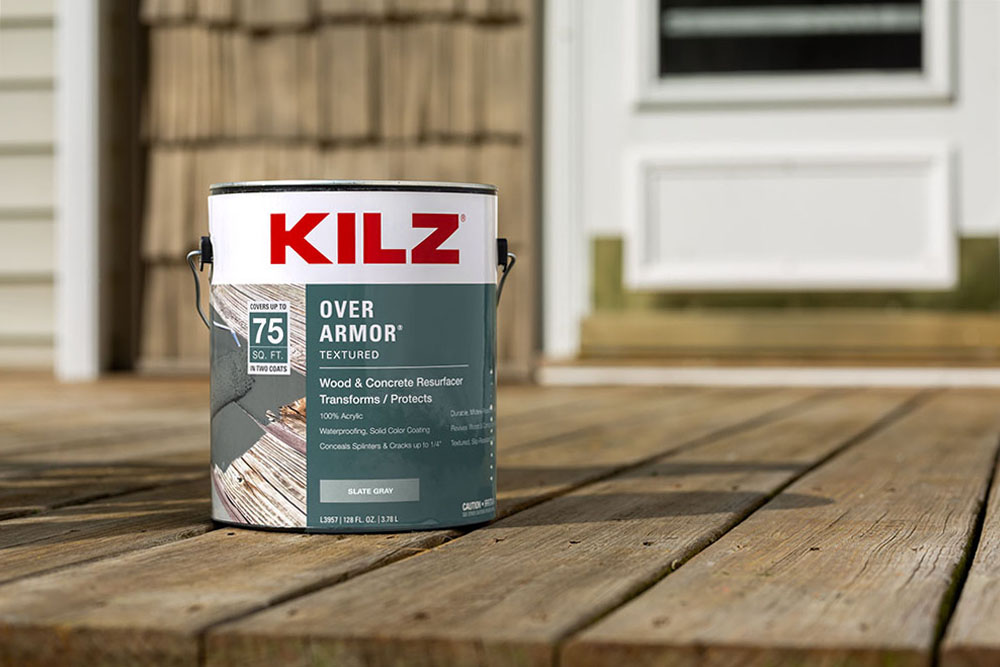 Kilz OverArmor Texture Slate Gray can on older deck