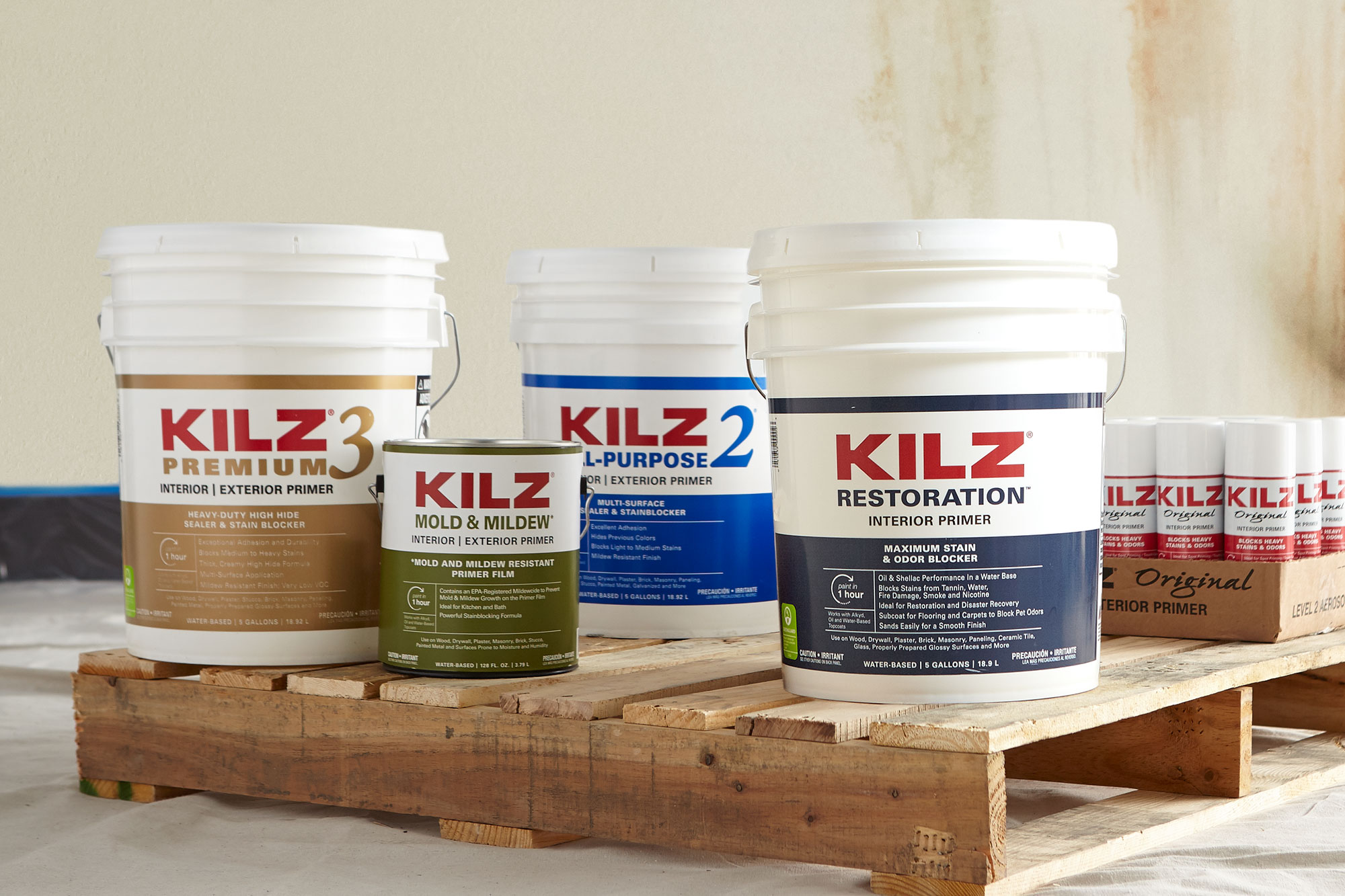 Image of a variety of KILZ Primer cans and gallons