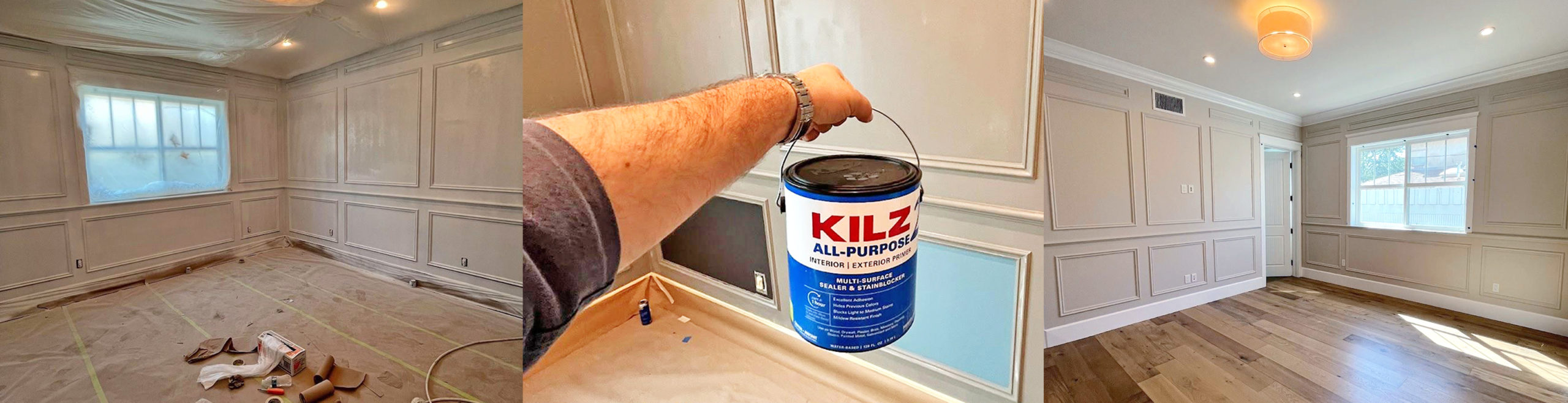 Image of before, during, and after of office renovation with KILZ 2® All-Purpose primer