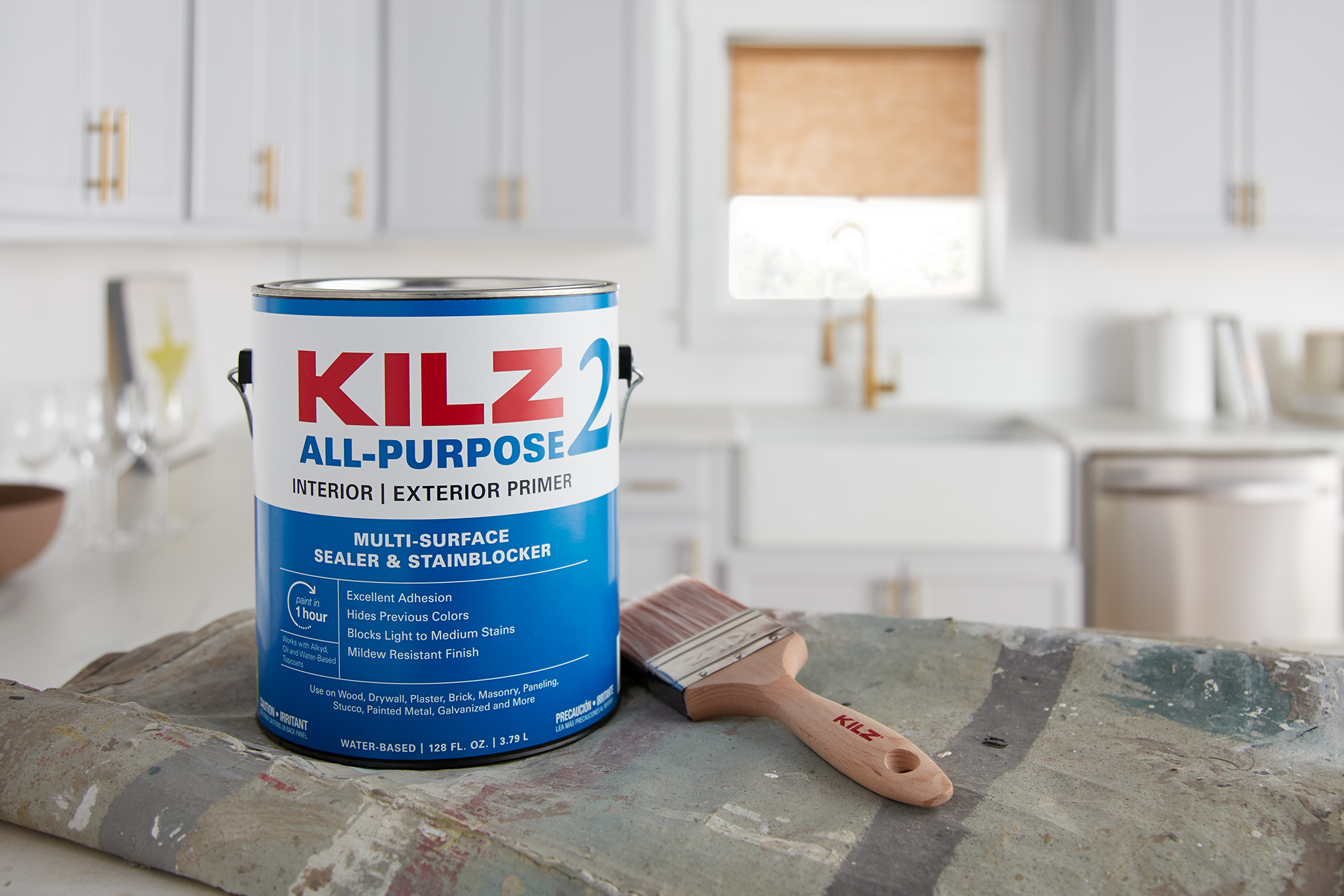 KILZ 2 All Purpose Interior/Exterior Primer 1 Gallon can in a kitchen setting.