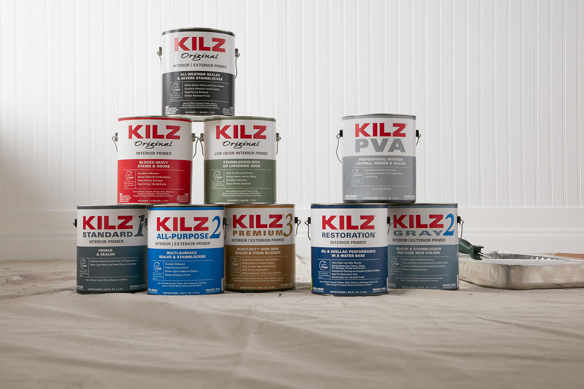 Image of a variety KILZ products stacked in a pyramid.
