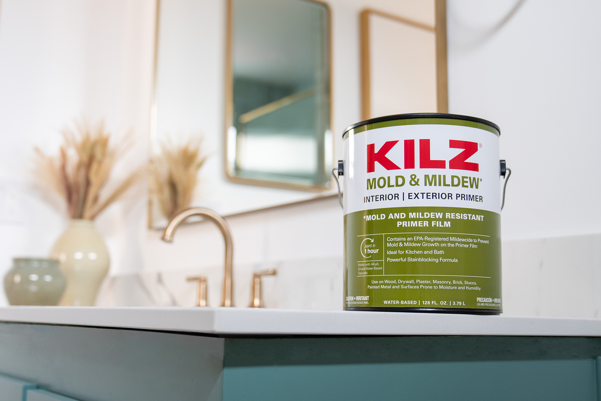 KILZ Mold & Mildew 1 Gallon Can on Bathroom Counter.
