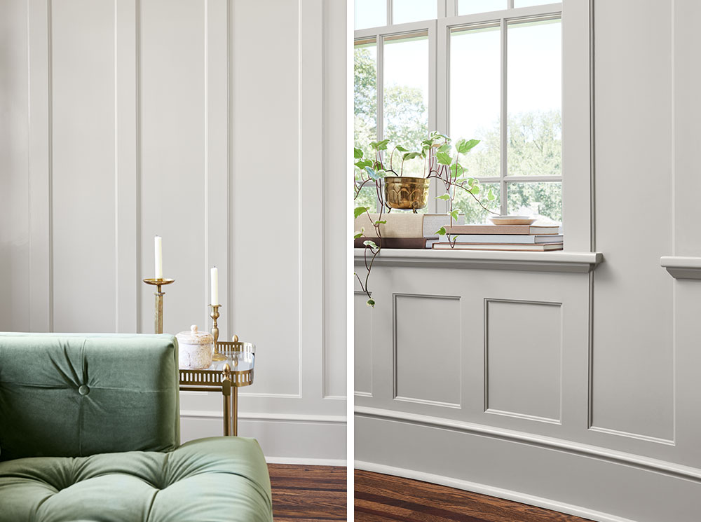 Close up images showing part of the couch with emphasis on the wall molding in the background, painted using Magnolia Home by Joanna Gaines paint, using Castle Collection color Drawing Room.