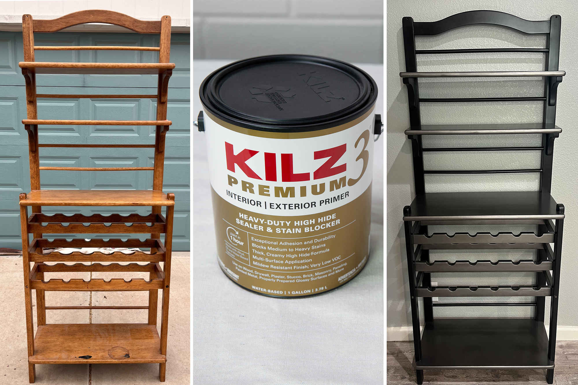 Before and after images of a wine rack using KILZ 3 Premium primer.