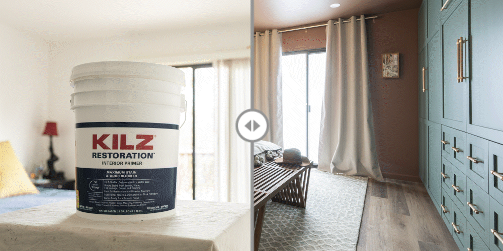Image showing KILZ Restoration 1 gallon primer in a bedroom with a water stain on the wall and ceiling
Showing the bedroom after using KILZ Restoration with the water stain gone and the room renovated. 