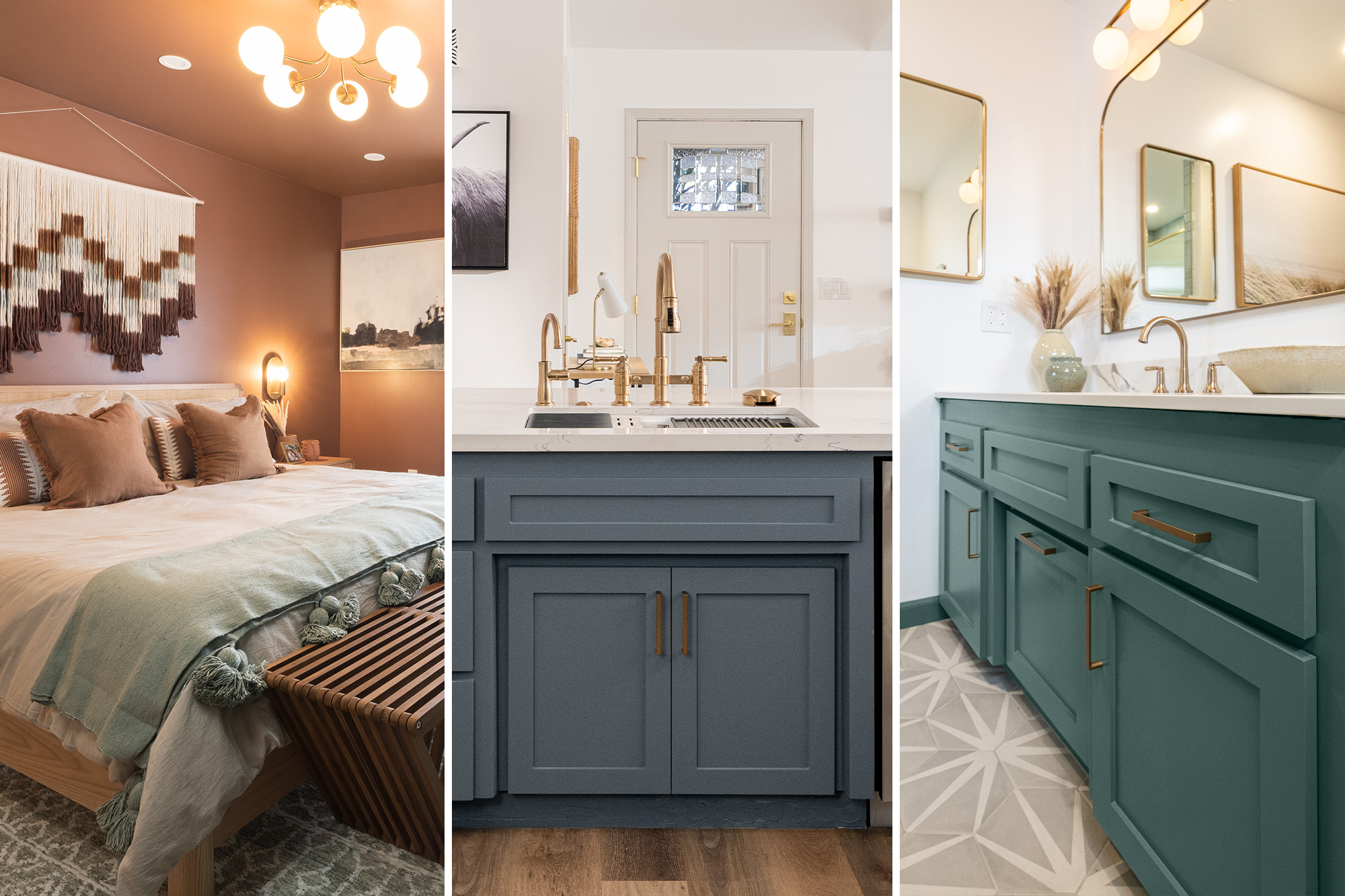 3 images of finished bedroom, kitchen, and bathroom projects from Destination Restoration.