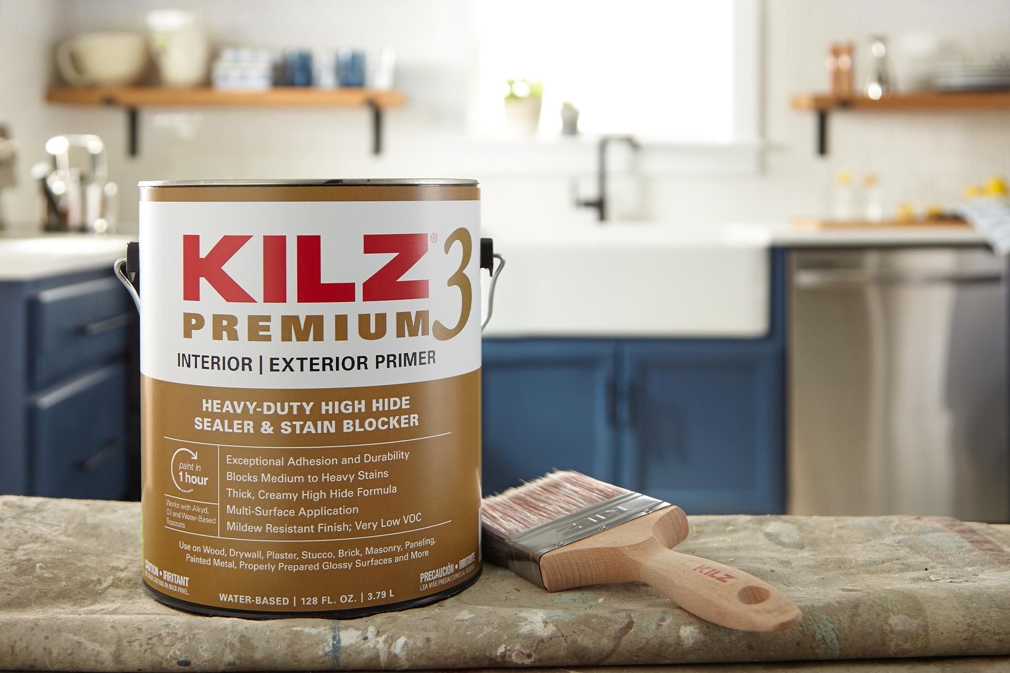 KILZ 3 Premium 1 gallon can in a kitchen.